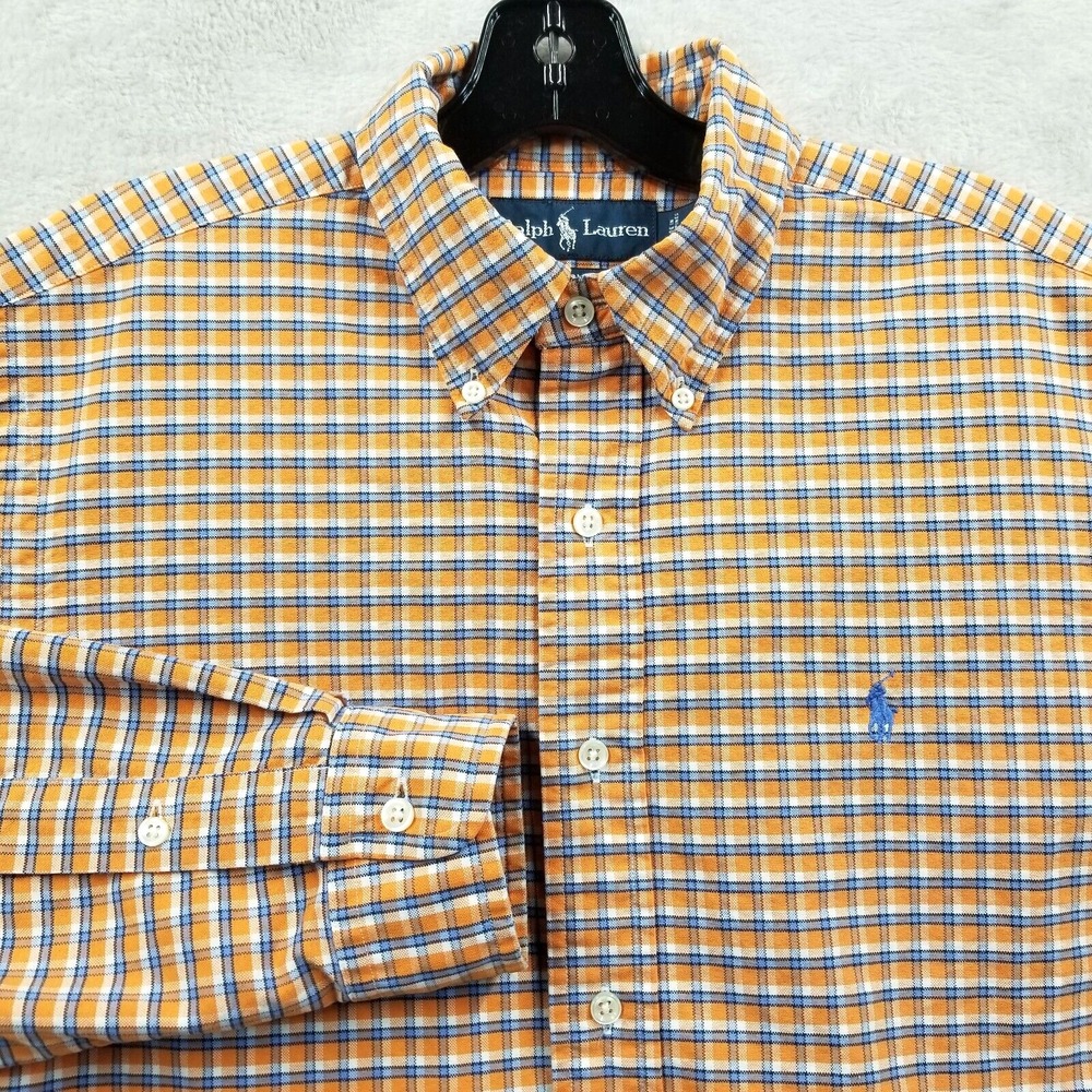 Ralph Lauren Shirt Men M Orange Plaid Oxford Button Down 100% Cotton Classic Fit